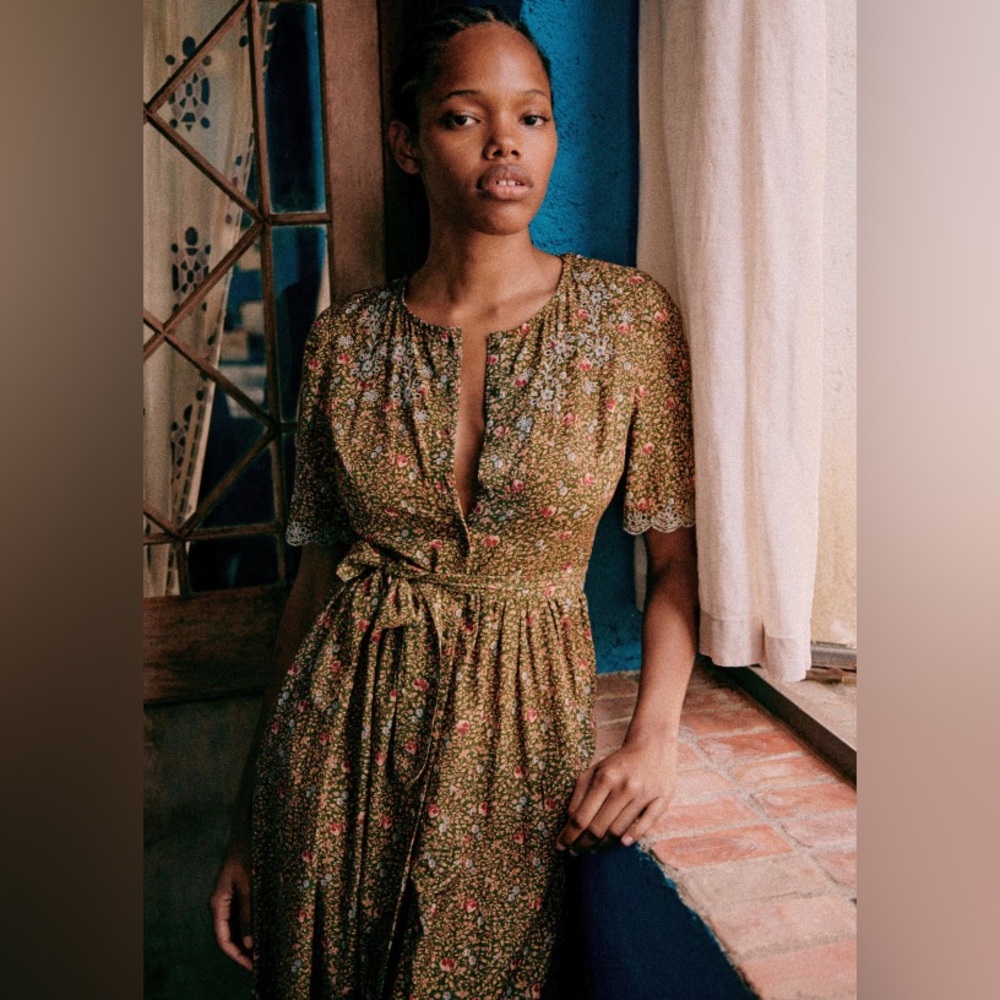 Sezane Maxi Dress - Olive Green with Pink Floral
